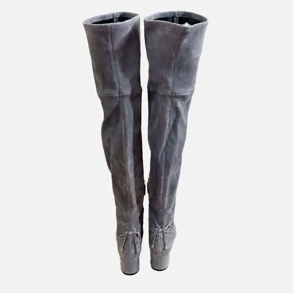 NWOB Tory Burch Gray Suede Over the Knee Boots Women's Sz 7 Side Zip Bow Detail